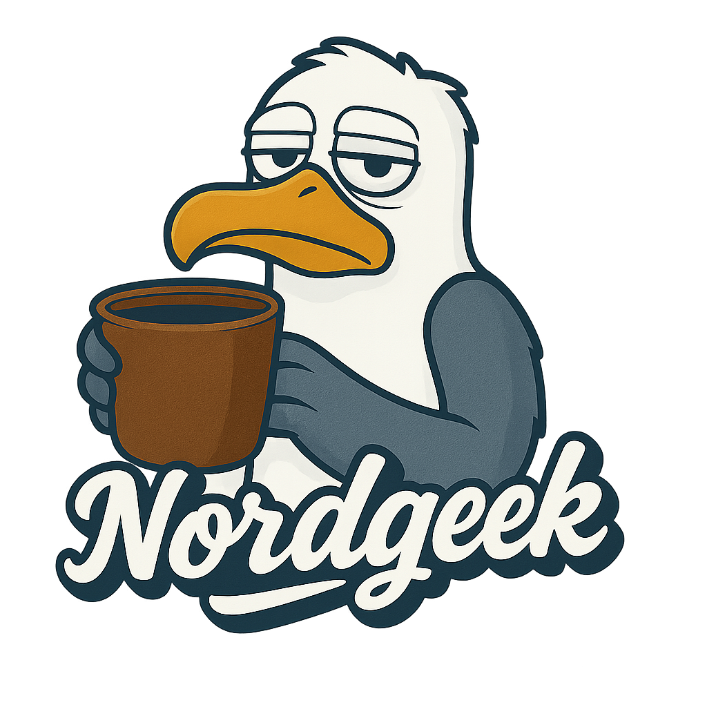 Müde dreinblickende Möwe mit Kaffee in der Hand